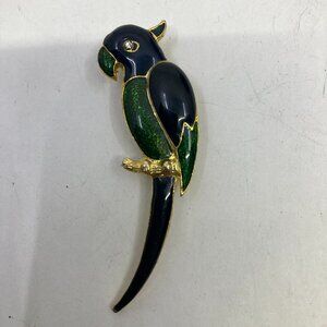 Vtg enamel green/dark blue gold tone bird parrot brooch
